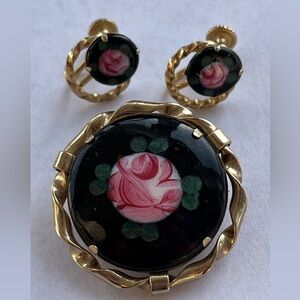 Vintage Pink Flower Guilloche Brooch & Earrings Set Screw Backs Gold Tone